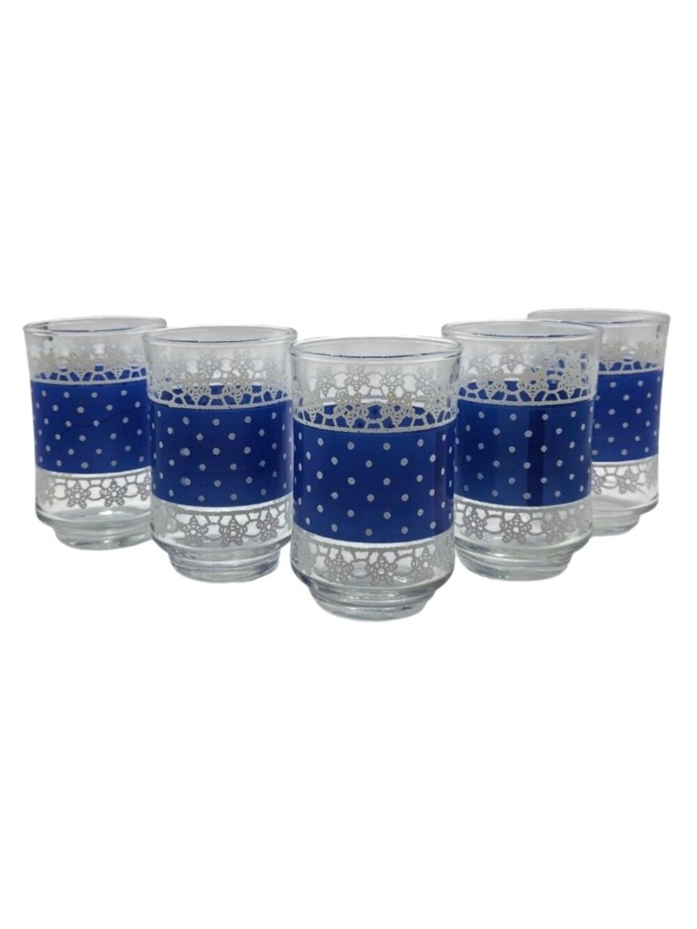 Vtg Libbey Blue & White Polka Dot Juice Glasses Set of 5 Lace Cottage Farmhouse